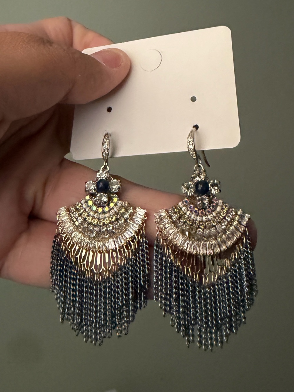 Statement Fringe Drop Earrings - Silver and Blue